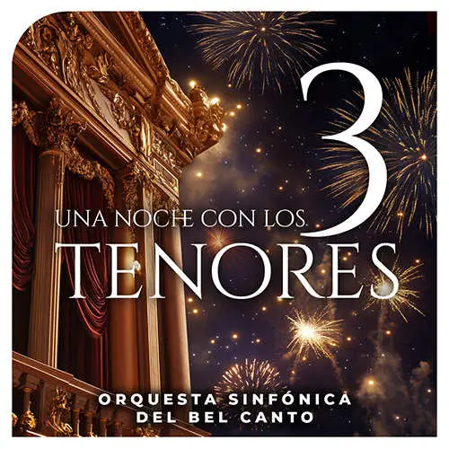 Tres tenores cantando en un escenario con una orquesta.