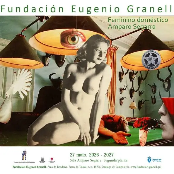 Imagen de un collage artístico con elementos domésticos y figuras femeninas, representando la crítica social de Amparo Segarra sobre el género y el exilio.