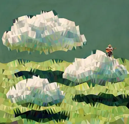 Obra de David Planas con una composición abstracta de triángulos cromáticos que forman un paisaje o figura, en la exposición 'En busca de la felicidad'.