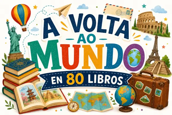 Niños leyendo libros en una biblioteca, rodeados de globos terráqueos y mapas, simbolizando un viaje literario.