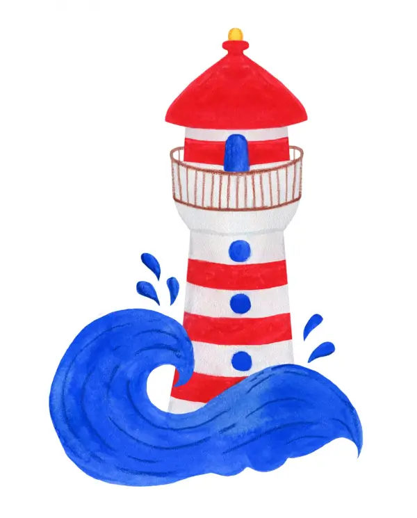 Una marioneta de un farero con barba blanca y gorro, de pie en un faro iluminado, con elementos marinos y una ballena de fondo.