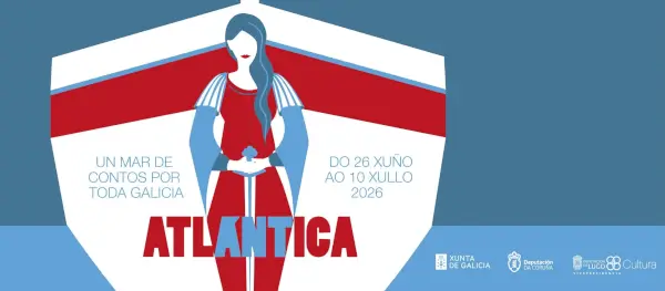 Ilustración colorida del Festival Atlántica con elementos de la cultura gallega, música y narración oral.