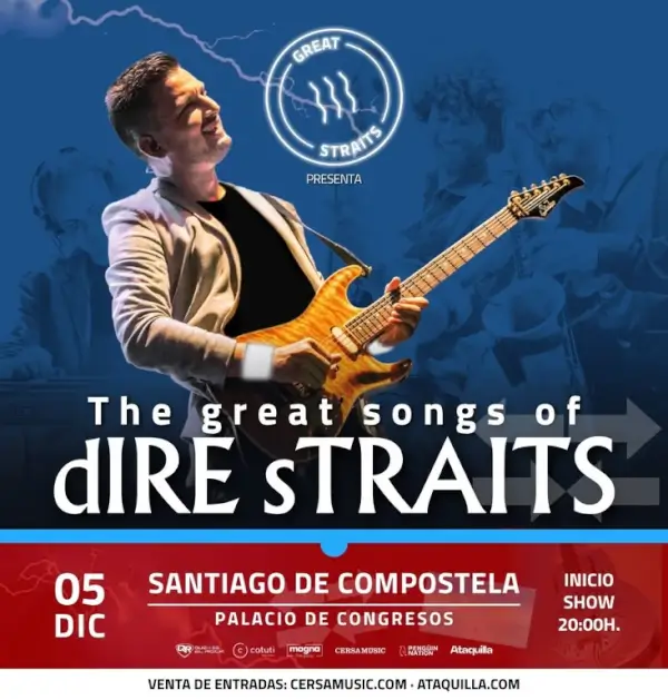 La banda Great Straits en el escenario, con el guitarrista Óscar Rosende en el centro, interpretando canciones de Dire Straits con gran fidelidad.