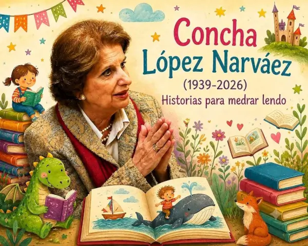 Ilustración colorida de niños leyendo libros, simbolizando la literatura infantil de Concha López Narváez.