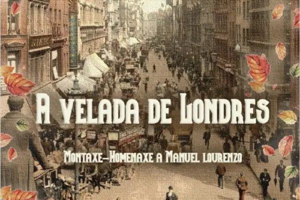 Escena teatral de "A Velada de Londres" con personajes de época victoriana y una violonchelista en directo.