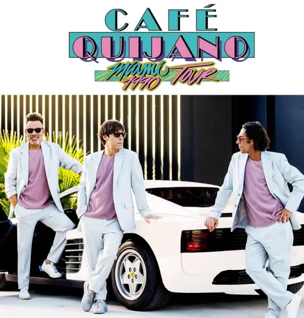 La banda Café Quijano actuando en directo en un escenario, con luces y el público de fondo, durante su gira 'Miami 1990'.