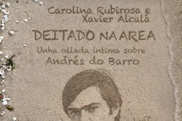 Carolina Rubirosa y Xavier Alcalá interpretando canciones de Andrés do Barro en un escenario, con instrumentos musicales.
