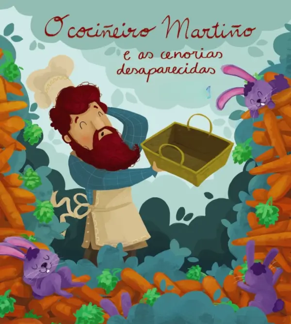 Un cocinero de dibujos animados, Martiño, con gorro y delantal, buscando zanahorias con expresión de sorpresa.