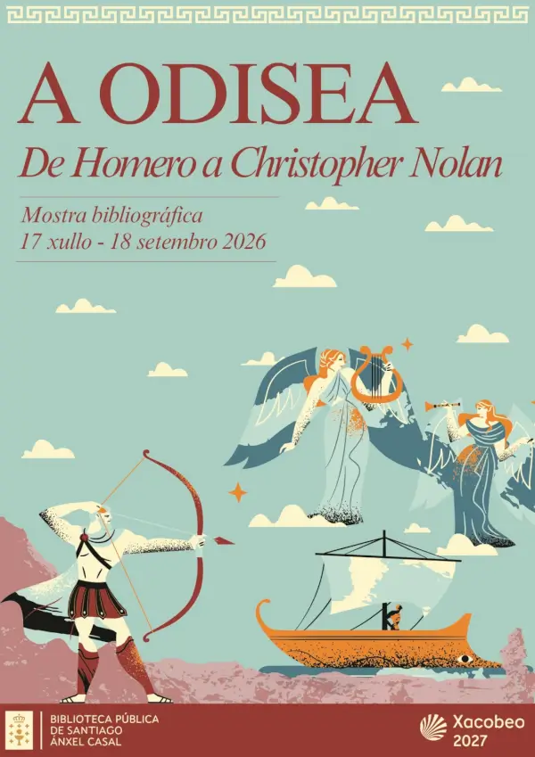 Una estantería con libros y cómics que reinterpretan 'La Odisea', con un cartel de la exposición en la Biblioteca Ánxel Casal.