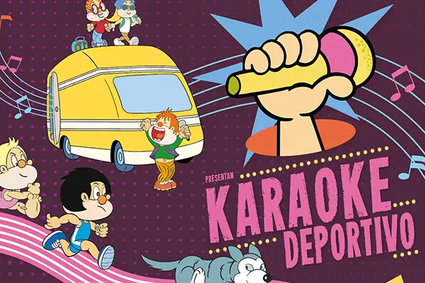 Los personajes de Os Bolechas cantando y bailando en un escenario móvil al aire libre con niños participando.