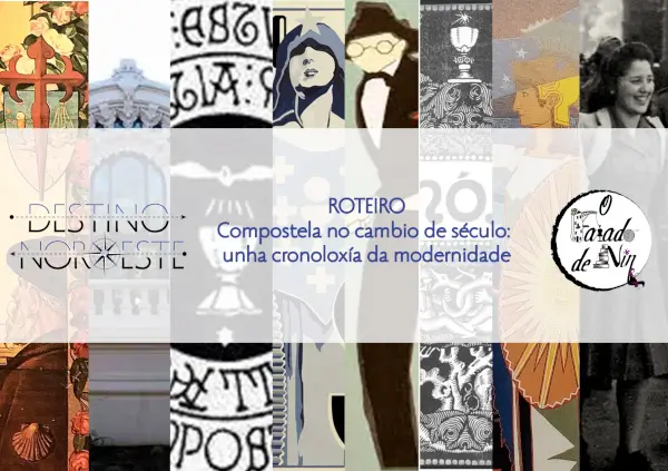 Ilustración de la Catedral de Santiago de Compostela a principios del siglo XX con personas paseando, evocando la modernidad de la época.