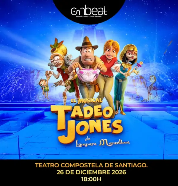 Tadeo Jones y sus amigos, Sara, Momia, Ramona y El Arqueobot, en una escena de aventura con una lámpara mágica.