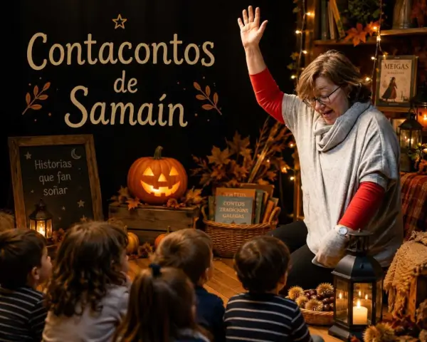 Marisa Irimia narrando un cuentacuentos de Samaín a un grupo de niños, con calabazas decoradas y ambiente festivo.