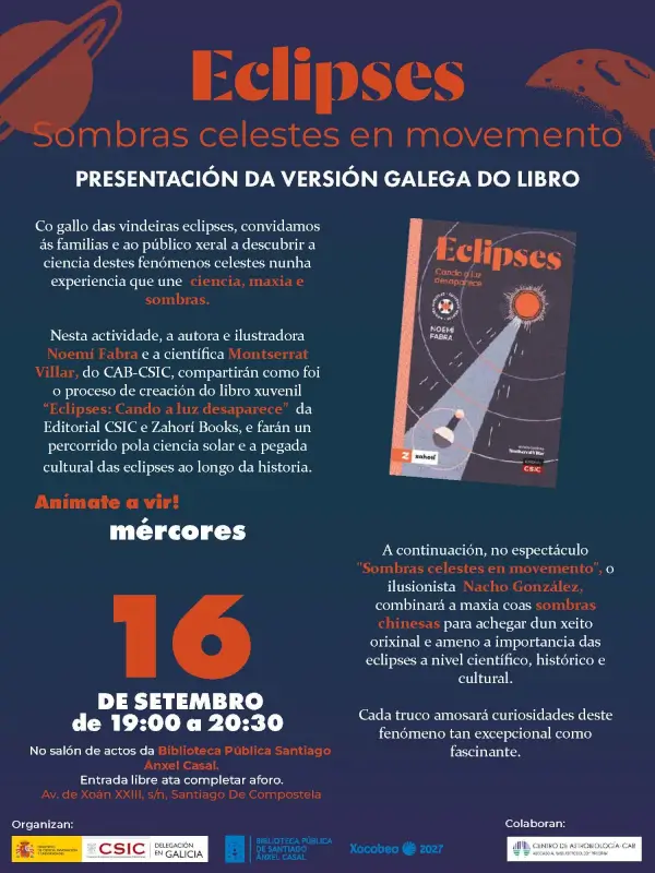 Ilustración de un eclipse solar con siluetas de personas observando, representando la ciencia y magia de los fenómenos celestes.