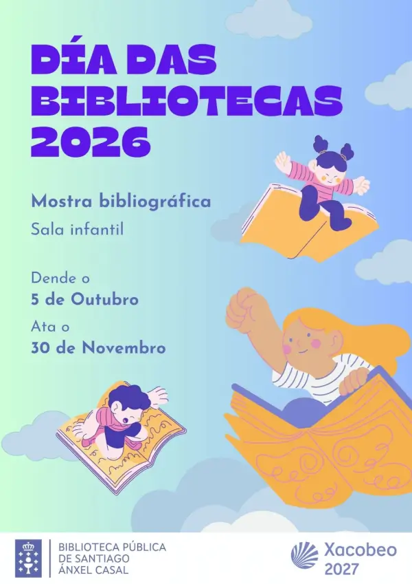 Niños leyendo libros en una biblioteca, rodeados de estanterías llenas, celebrando el Día de las Bibliotecas.