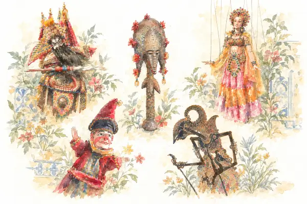 Varias marionetas y títeres de diferentes culturas y materiales, expuestos en una vitrina de museo.