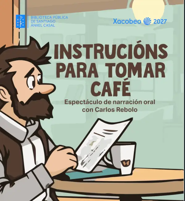 Una taza de café humeante sobre una mesa, con un libro abierto y una persona narrando historias en un ambiente acogedor.