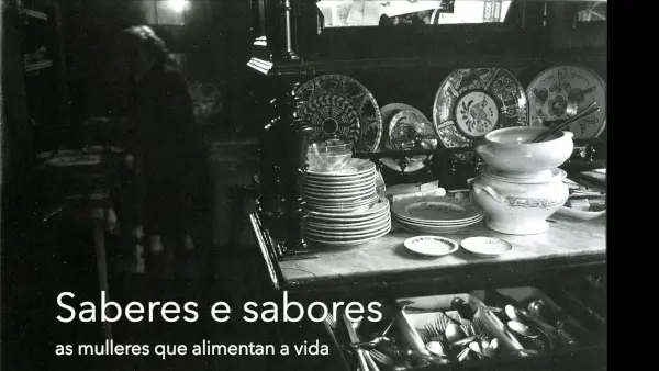 Mujeres gallegas trabajando en el campo o en cocinas tradicionales, con productos frescos de la tierra.