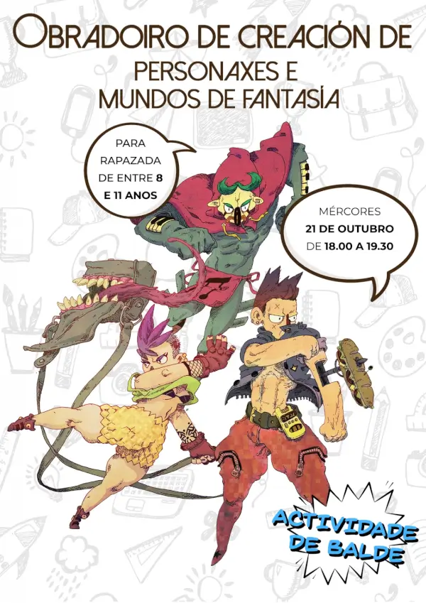 Niños dibujando o imaginando personajes fantásticos en un taller creativo, con lápices y papeles de colores.
