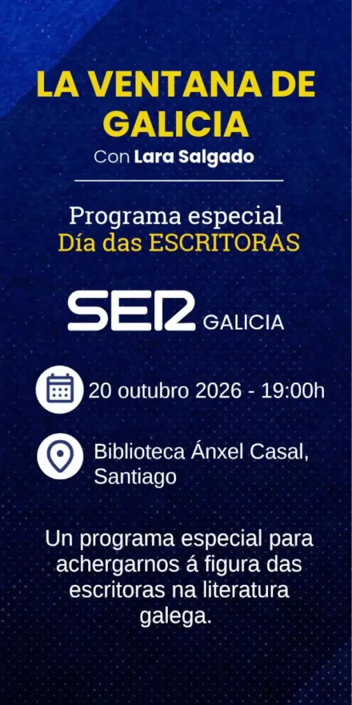 Lara Salgado presentando un programa de radio en vivo con invitadas en una biblioteca, celebrando el Día de las Escritoras.