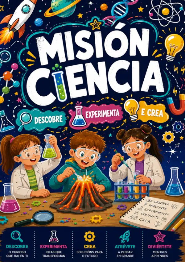 Niños y niñas participando en experimentos científicos, con materiales de laboratorio y expresiones de asombro.