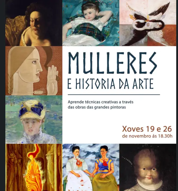 Ilustración de varias mujeres artistas famosas de diferentes épocas, representando la diversidad en el arte.