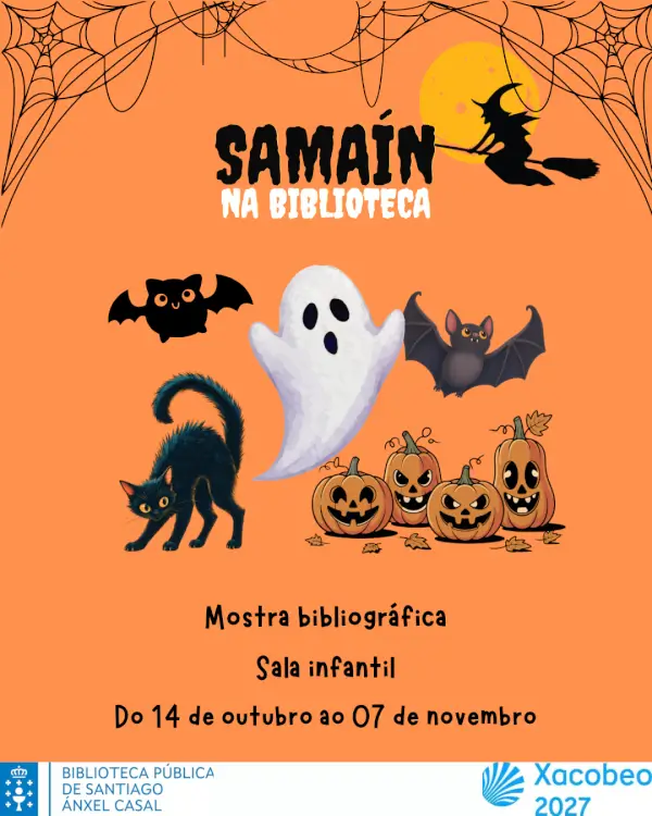 Niños explorando una muestra de libros temáticos de Samaín con calabazas decoradas en una biblioteca, rodeados de libros.